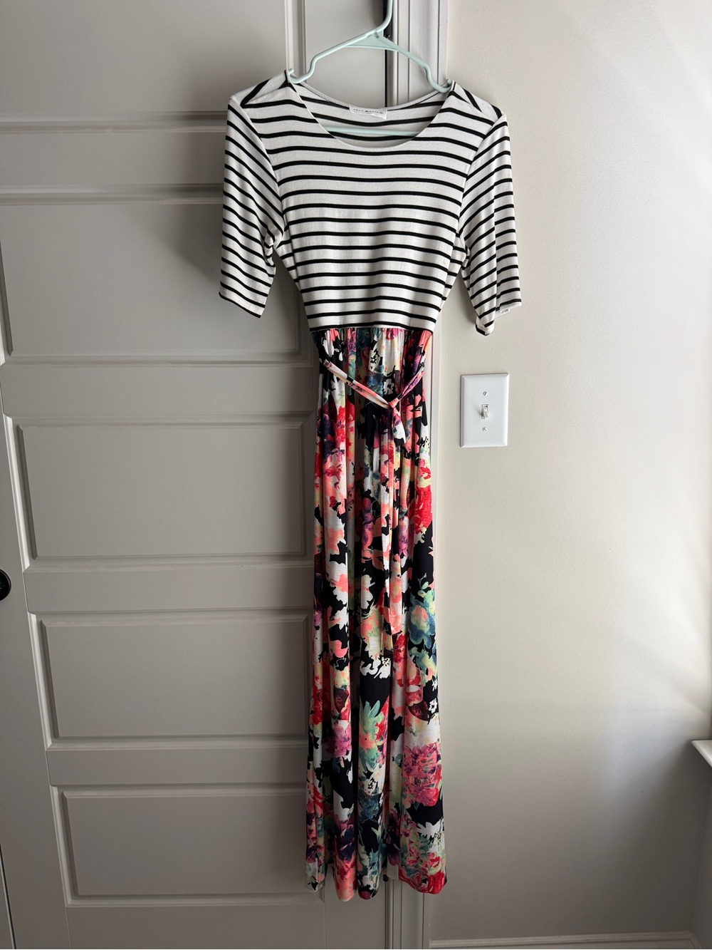 Striped Top Floral Maxi Dress in Black and Multicolor